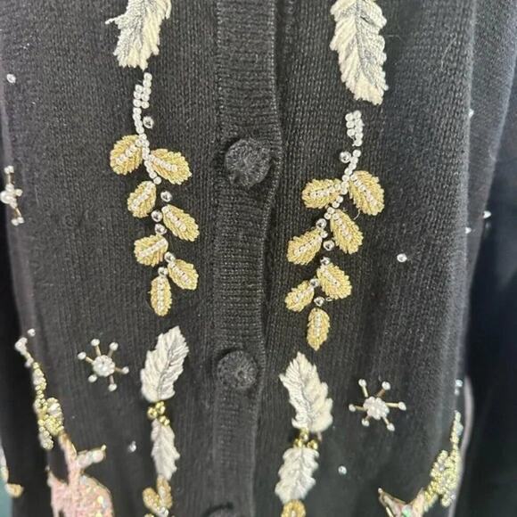 Vintage Victoria Jones Reindeer Sequin Black Christmas Cardigan Holiday Sweater - Picture 9 of 10
